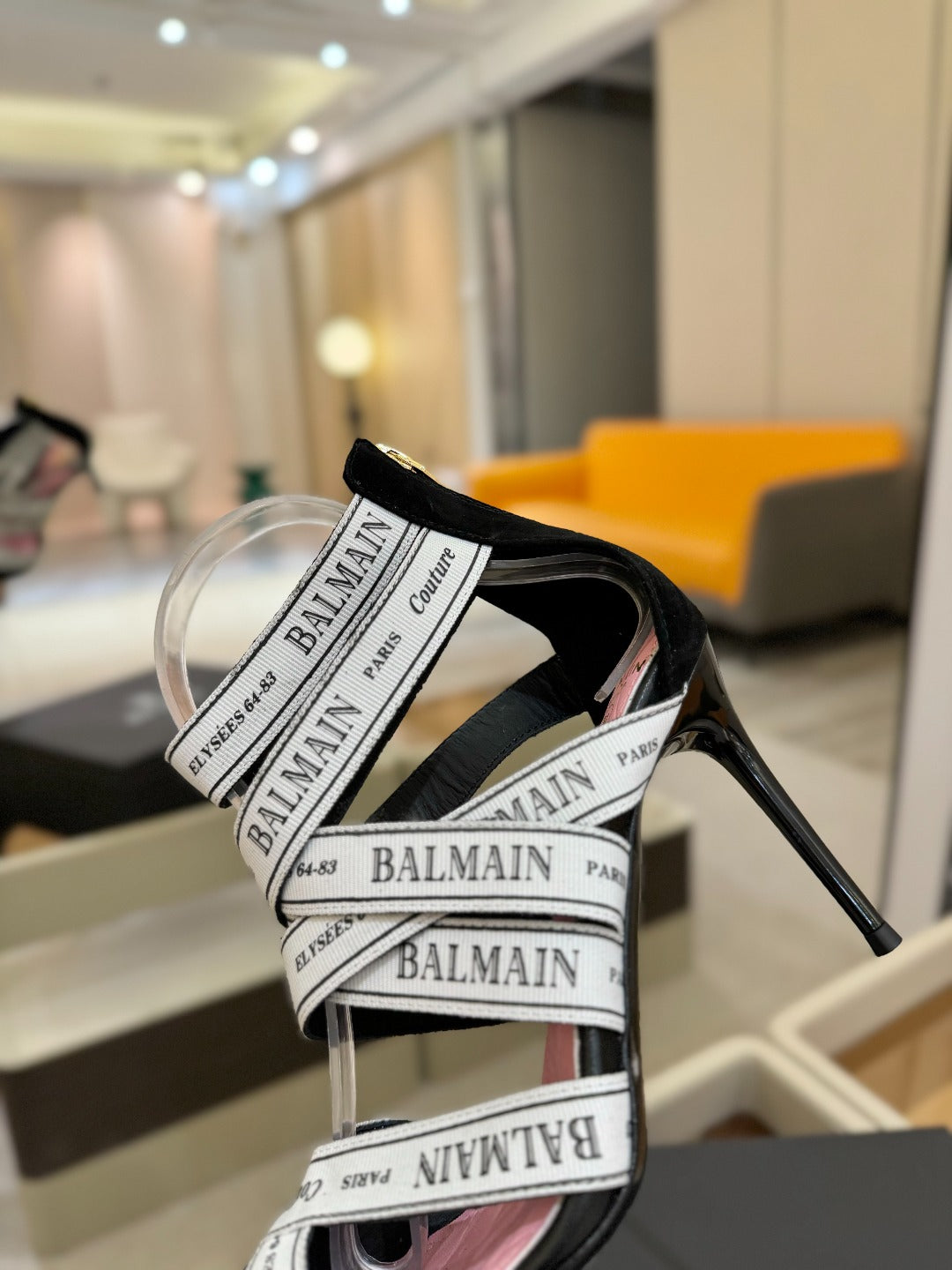 BALMAIN 25S HIGH HEELS LOGO RIBBON 95MM IN BLACK AND WHITE SUEDE - 36