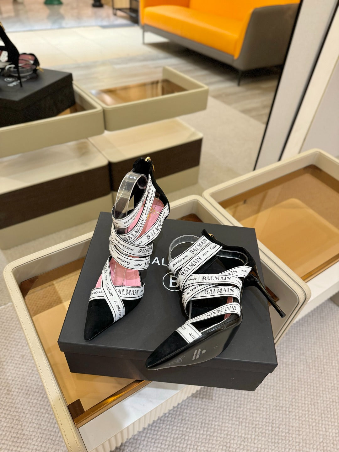 BALMAIN 25S HIGH HEELS LOGO RIBBON 95MM IN BLACK AND WHITE SUEDE - 36