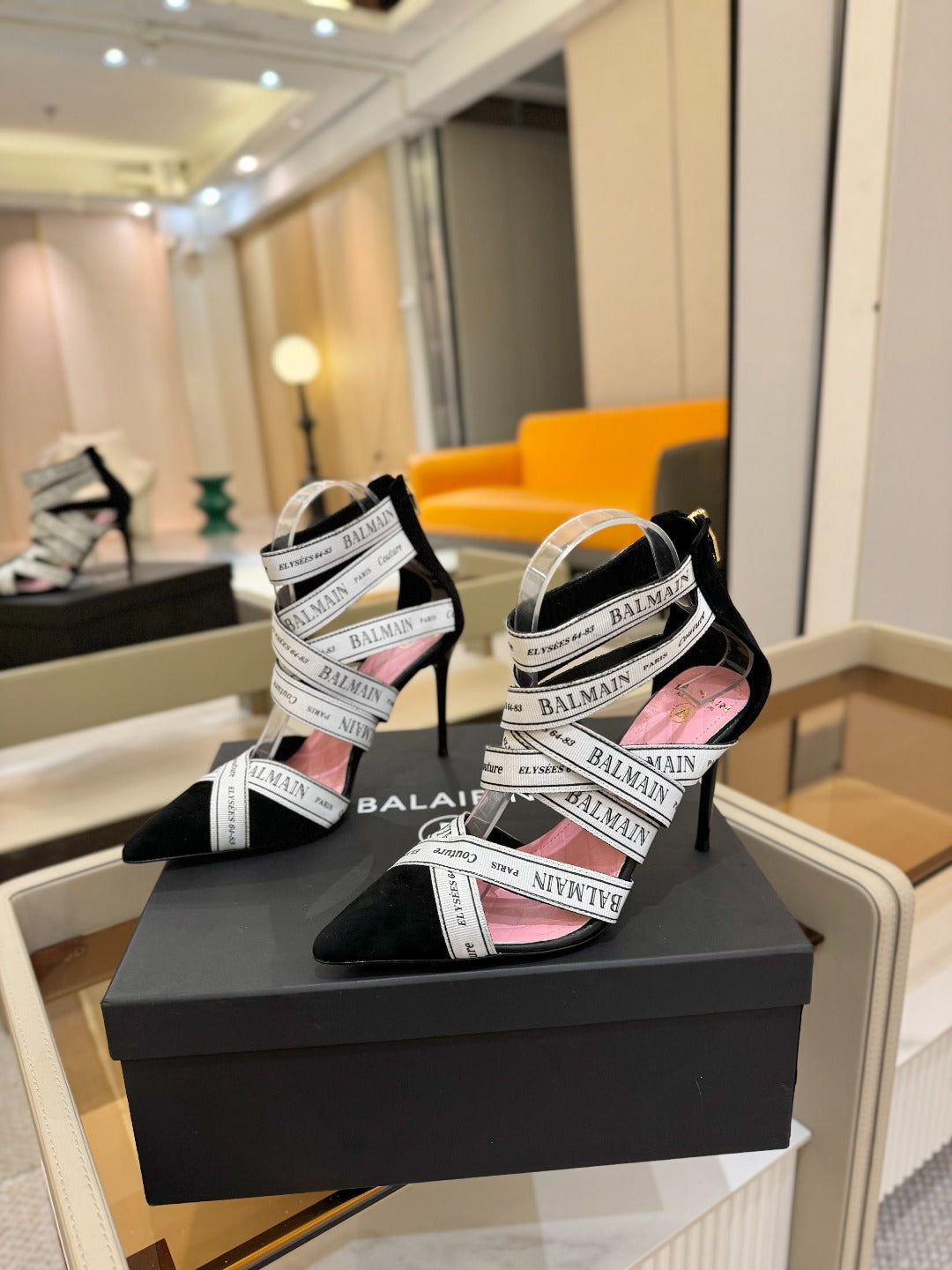 BALMAIN 25S HIGH HEELS LOGO RIBBON 95MM IN BLACK AND WHITE SUEDE - 36