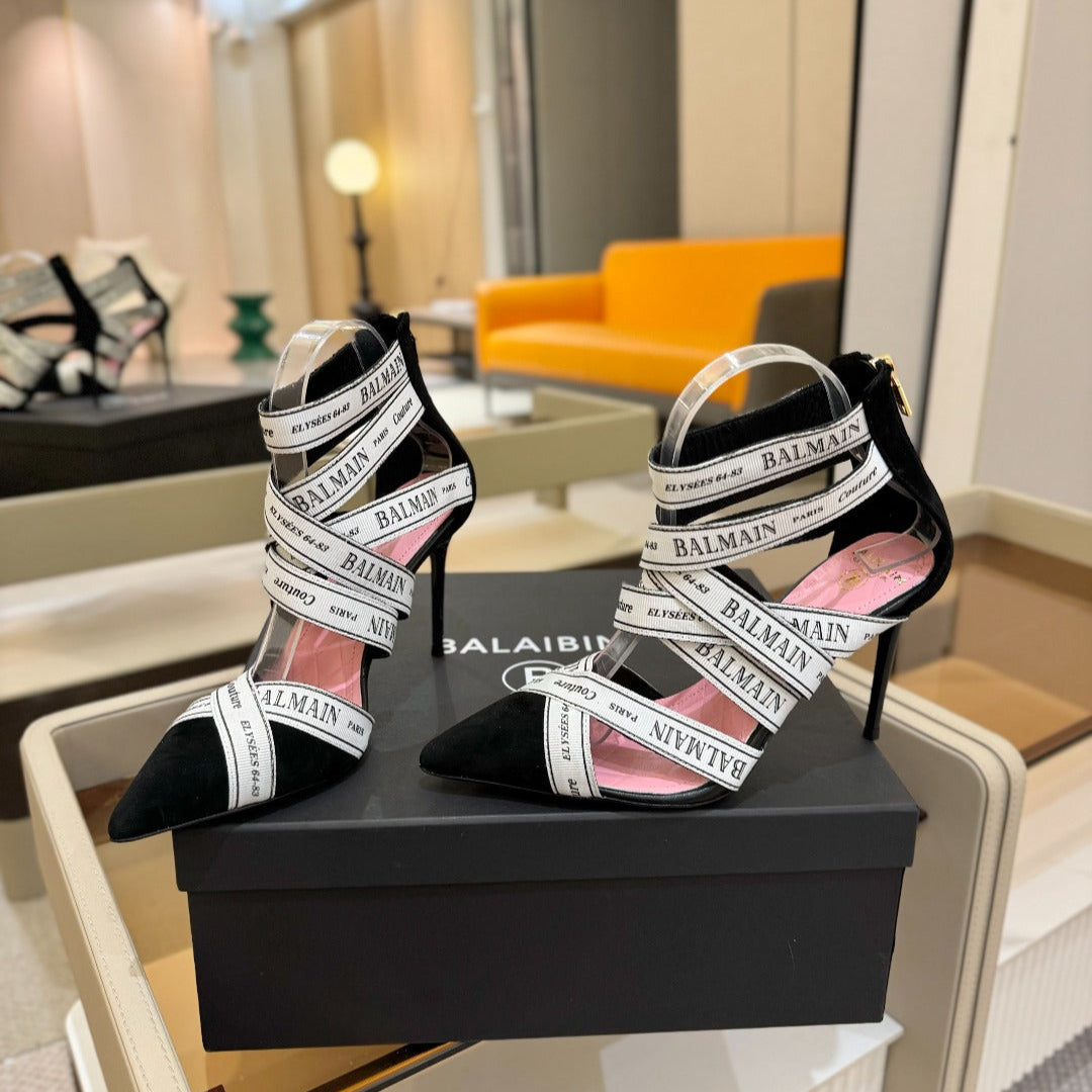 BALMAIN 25S HIGH HEELS LOGO RIBBON 95MM IN BLACK AND WHITE SUEDE - 36