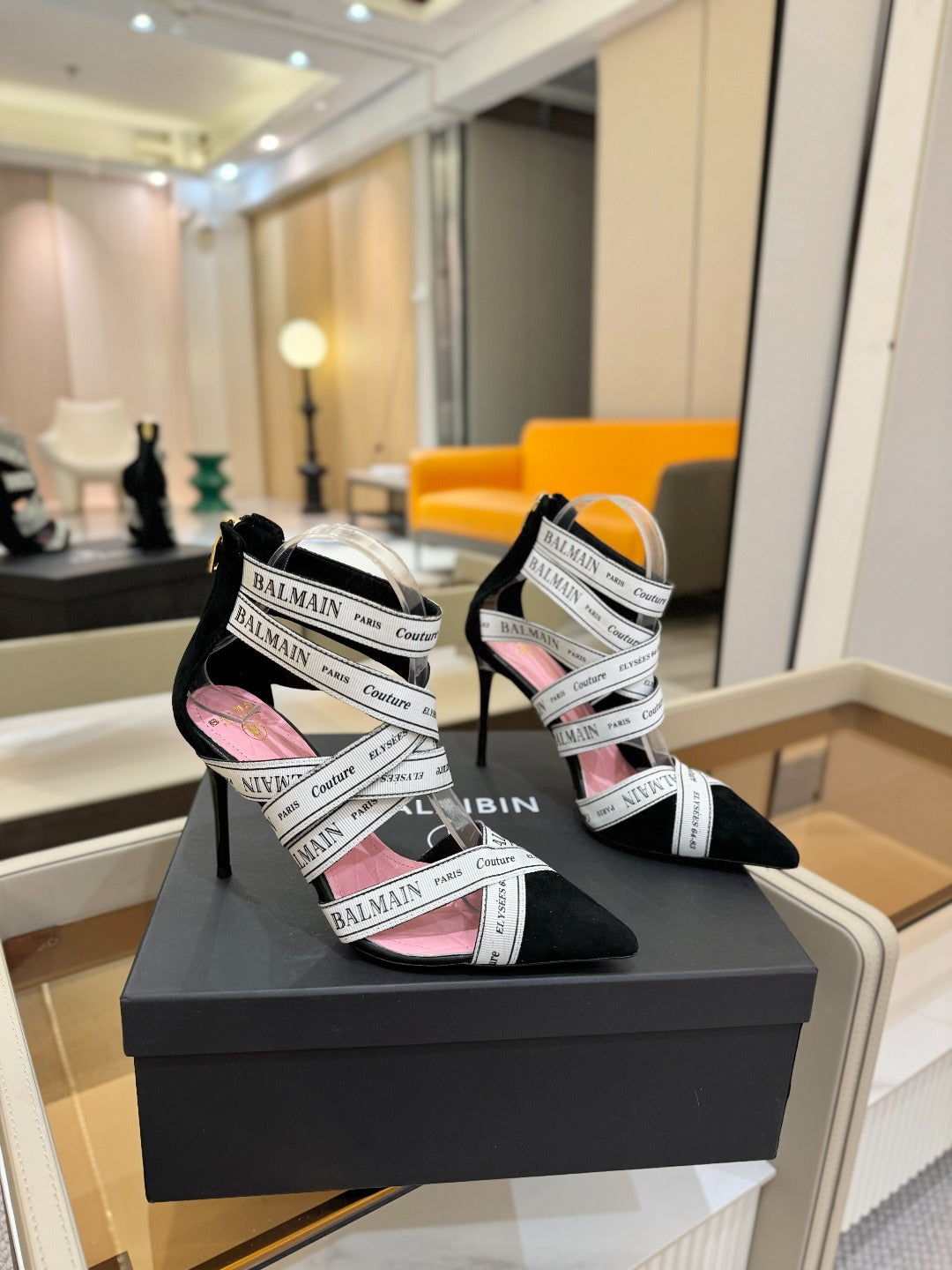 BALMAIN 25S HIGH HEELS LOGO RIBBON 95MM IN BLACK AND WHITE SUEDE - 36