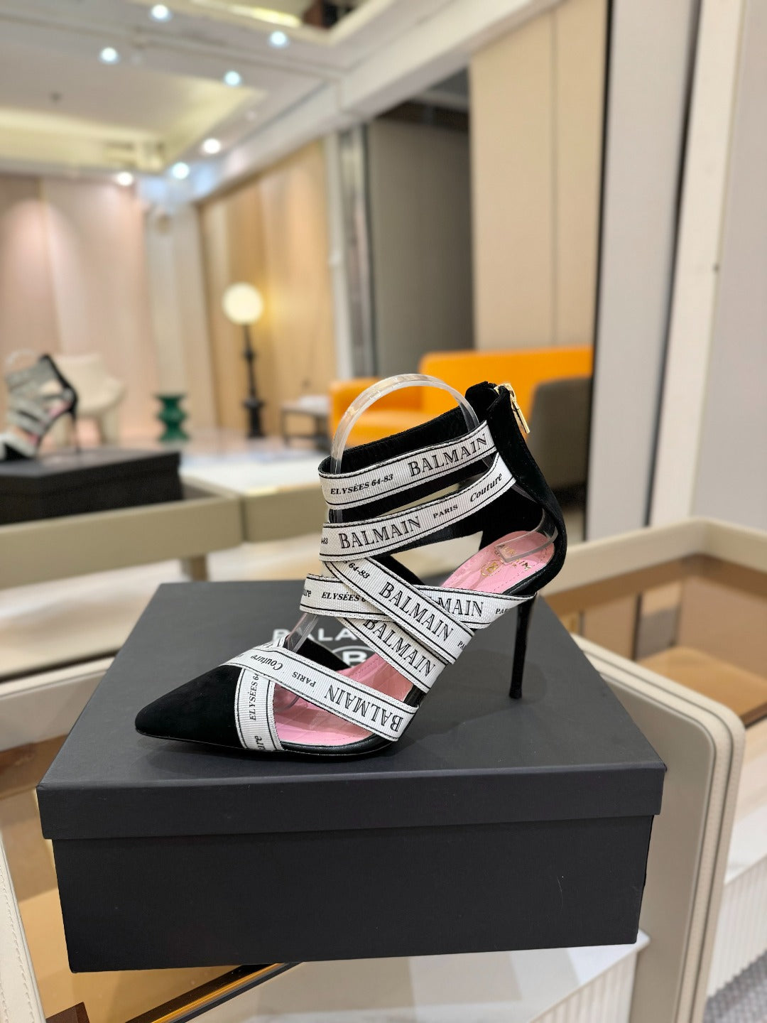 BALMAIN 25S HIGH HEELS LOGO RIBBON 95MM IN BLACK AND WHITE SUEDE - 36