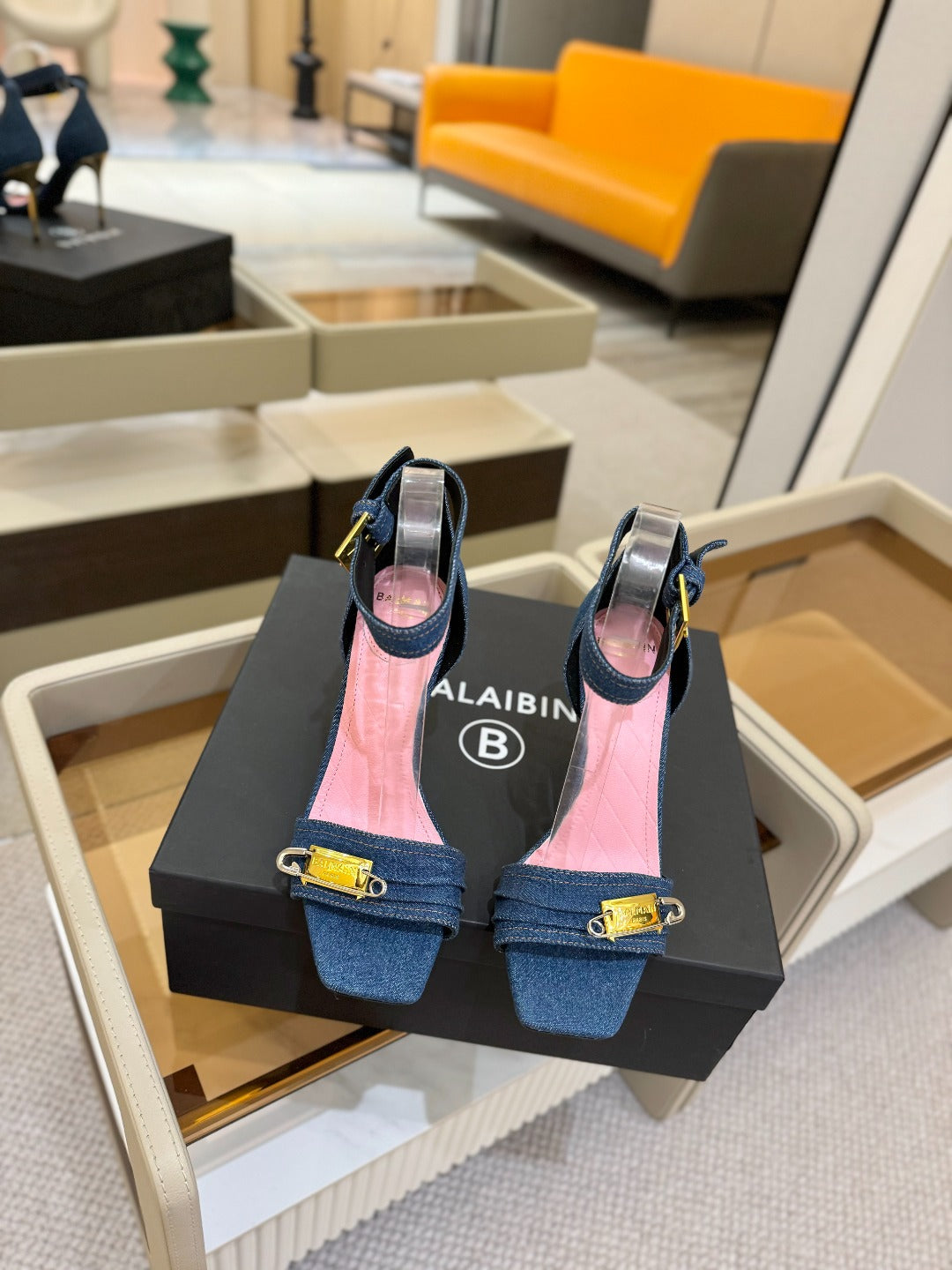 BALMAIN 25S HIGH HEELS 95MM IN BLUE DENIM - 36