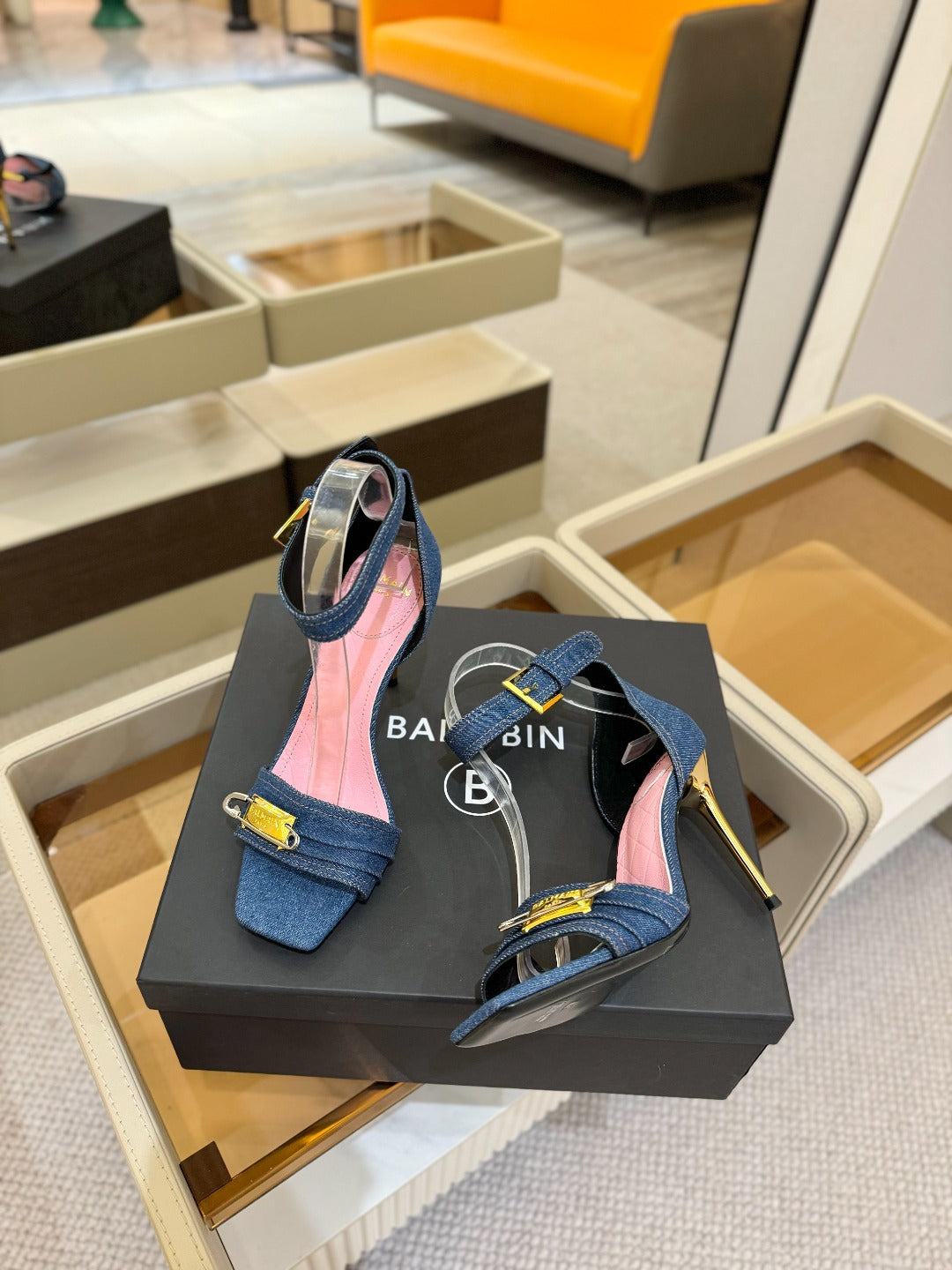 BALMAIN 25S HIGH HEELS 95MM IN BLUE DENIM - 36