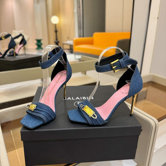 BALMAIN 25S HIGH HEELS 95MM IN BLUE DENIM - 36