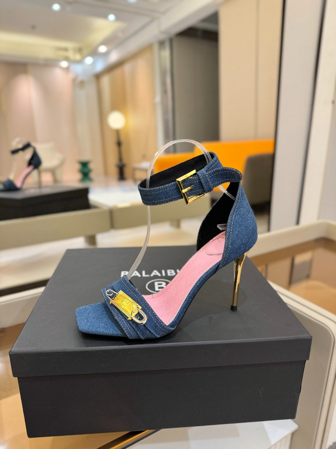 BALMAIN 25S HIGH HEELS 95MM IN BLUE DENIM - 36
