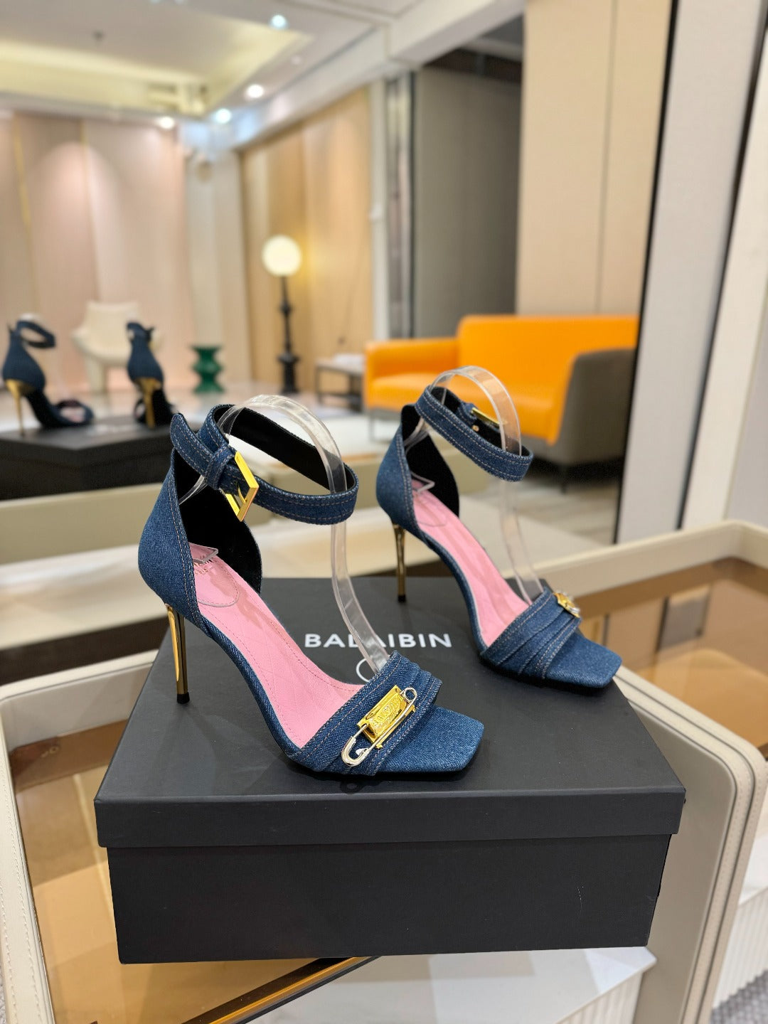 BALMAIN 25S HIGH HEELS 95MM IN BLUE DENIM - 36