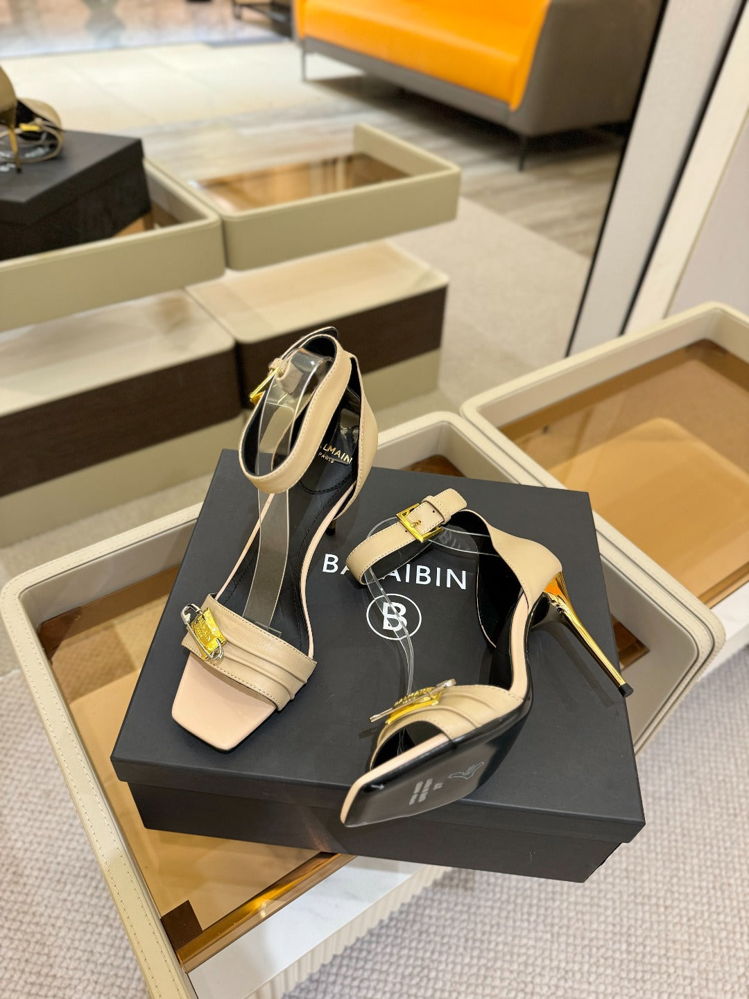 BALMAIN 25S HIGH HEELS 95MM IN BEIGE CALFSKIN - 36