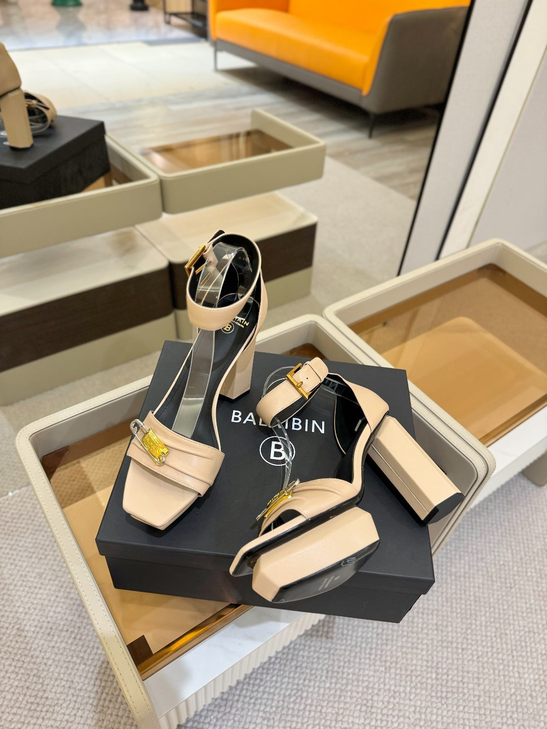 BALMAIN 25S WEDGE HEELS 100MM IN NUDE CALFSKIN - 36
