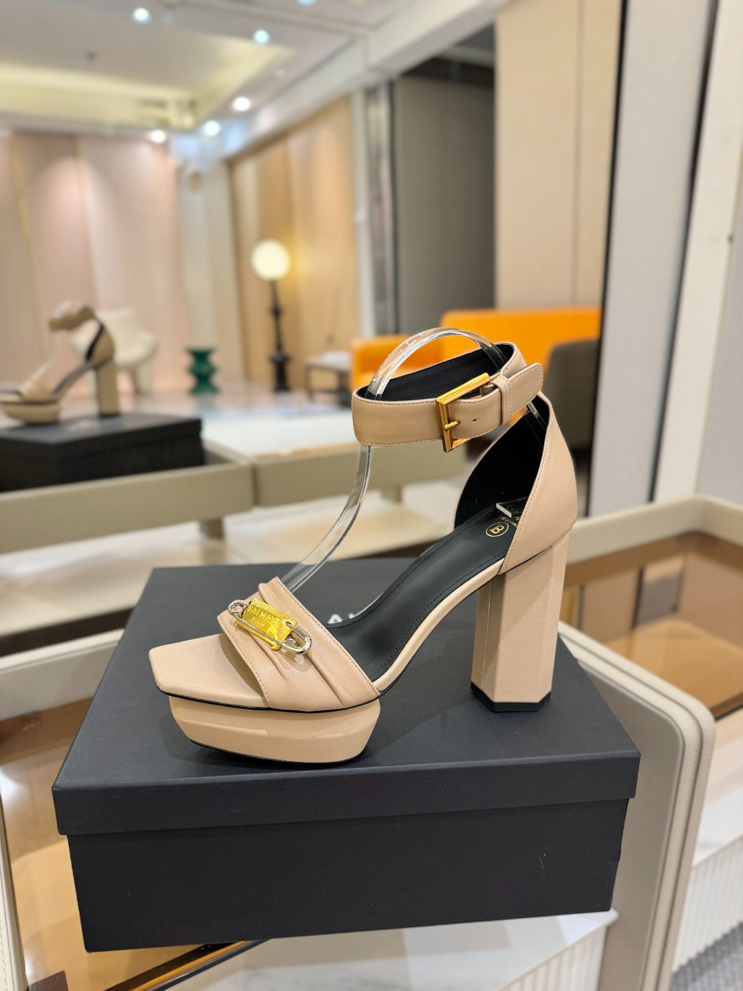 BALMAIN 25S WEDGE HEELS 100MM IN NUDE CALFSKIN - 36
