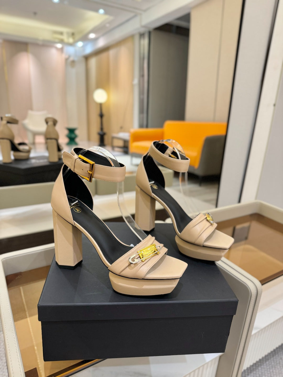 BALMAIN 25S WEDGE HEELS 100MM IN NUDE CALFSKIN - 36
