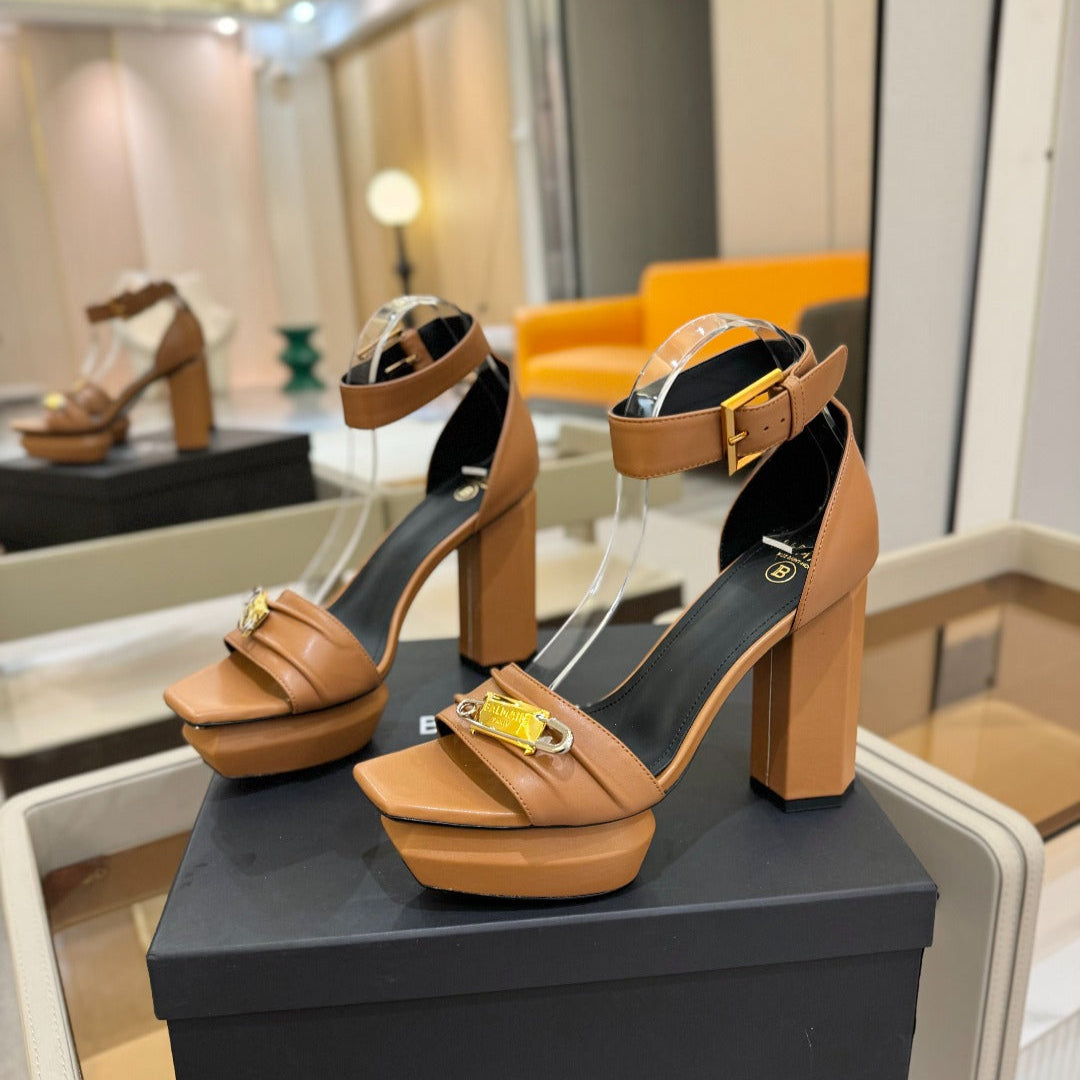 BALMAIN 25S WEDGE HEELS 100MM IN BROWN CALFSKIN - 36