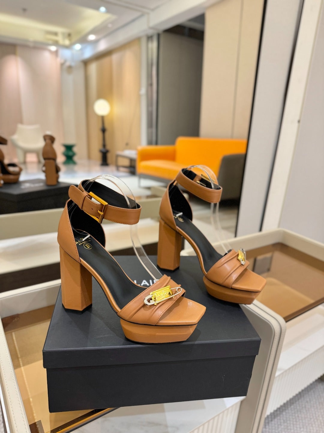 BALMAIN 25S WEDGE HEELS 100MM IN BROWN CALFSKIN - 36