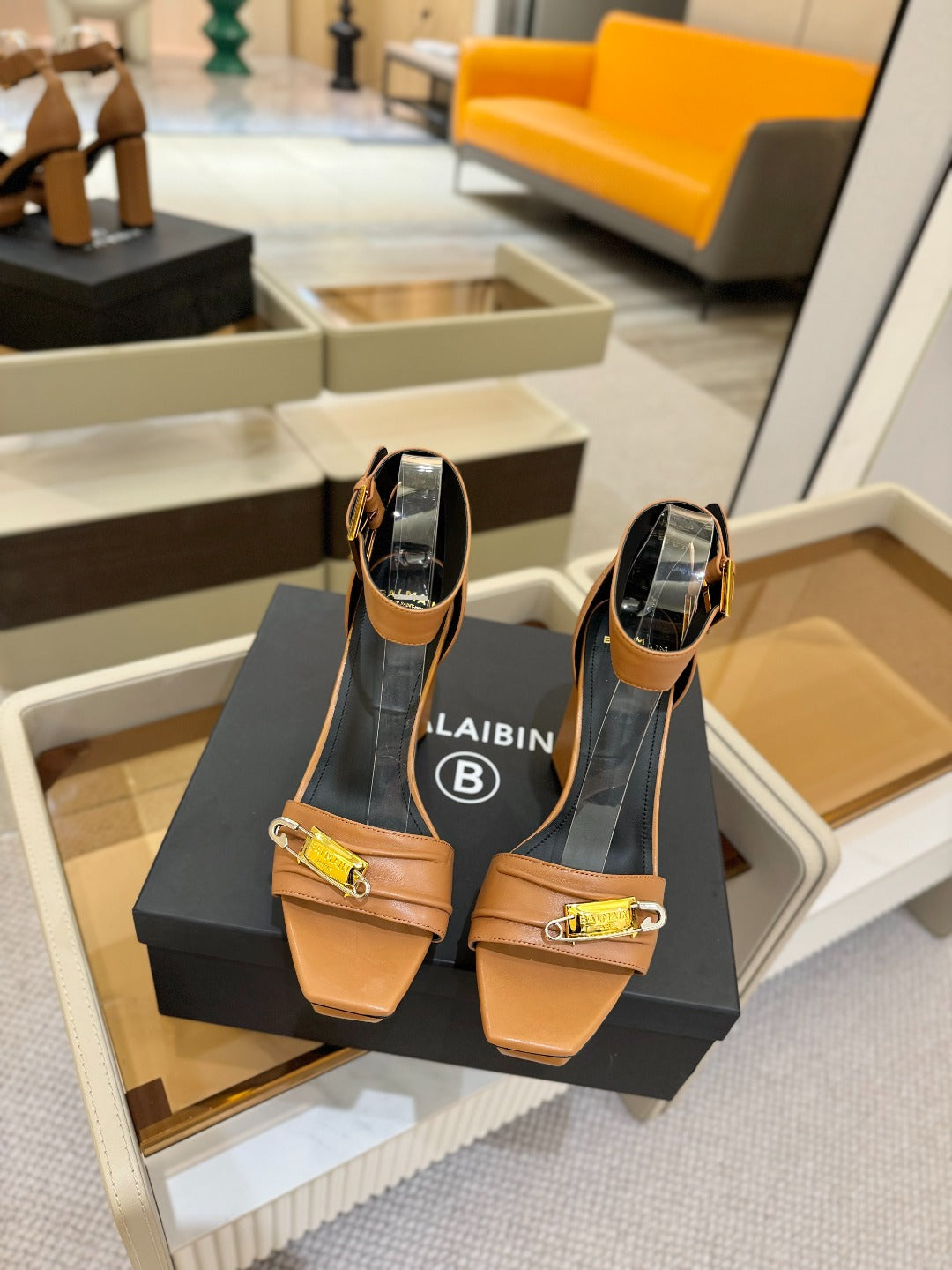 BALMAIN 25S WEDGE HEELS 100MM IN BROWN CALFSKIN - 36