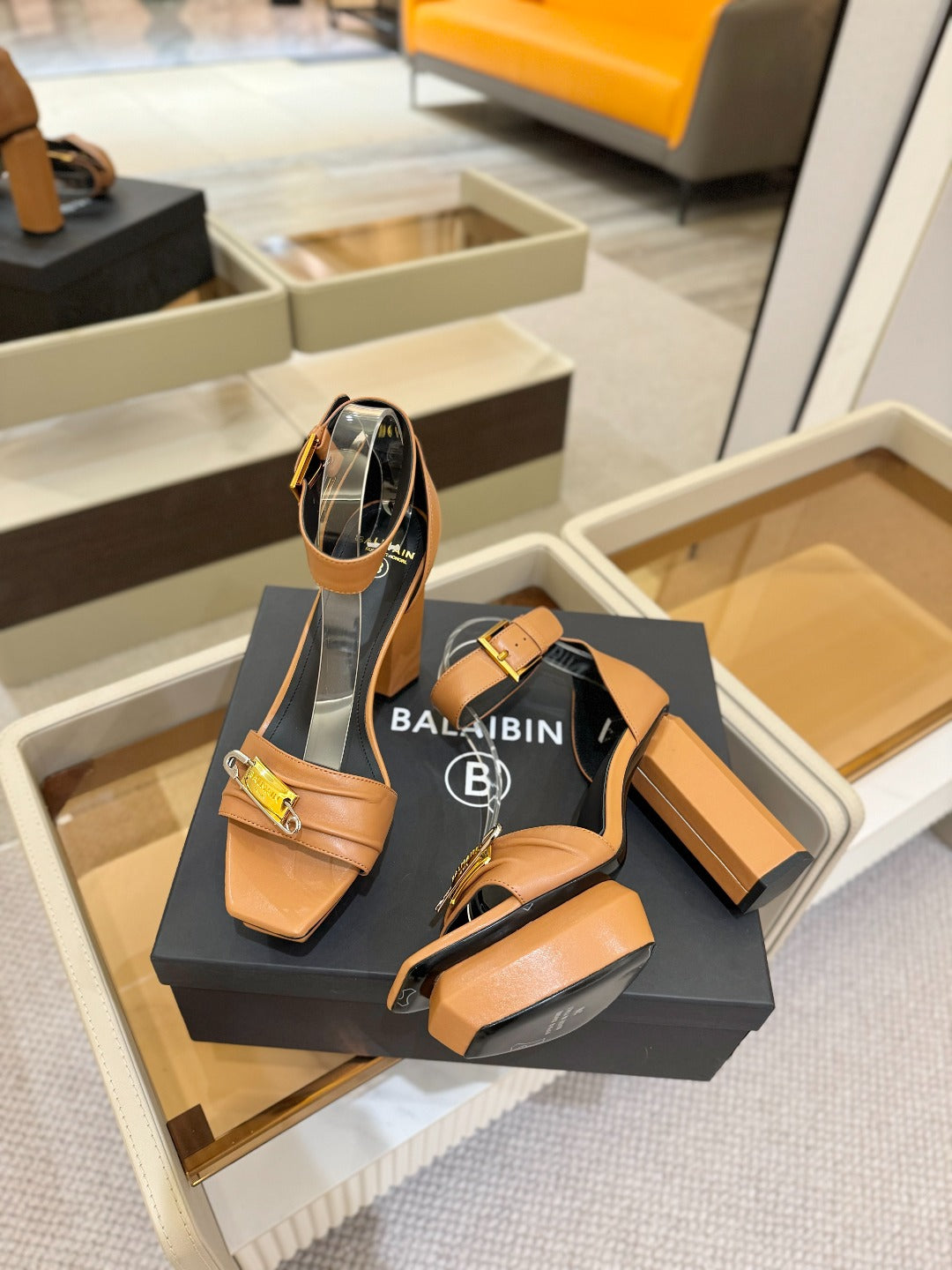 BALMAIN 25S WEDGE HEELS 100MM IN BROWN CALFSKIN - 36