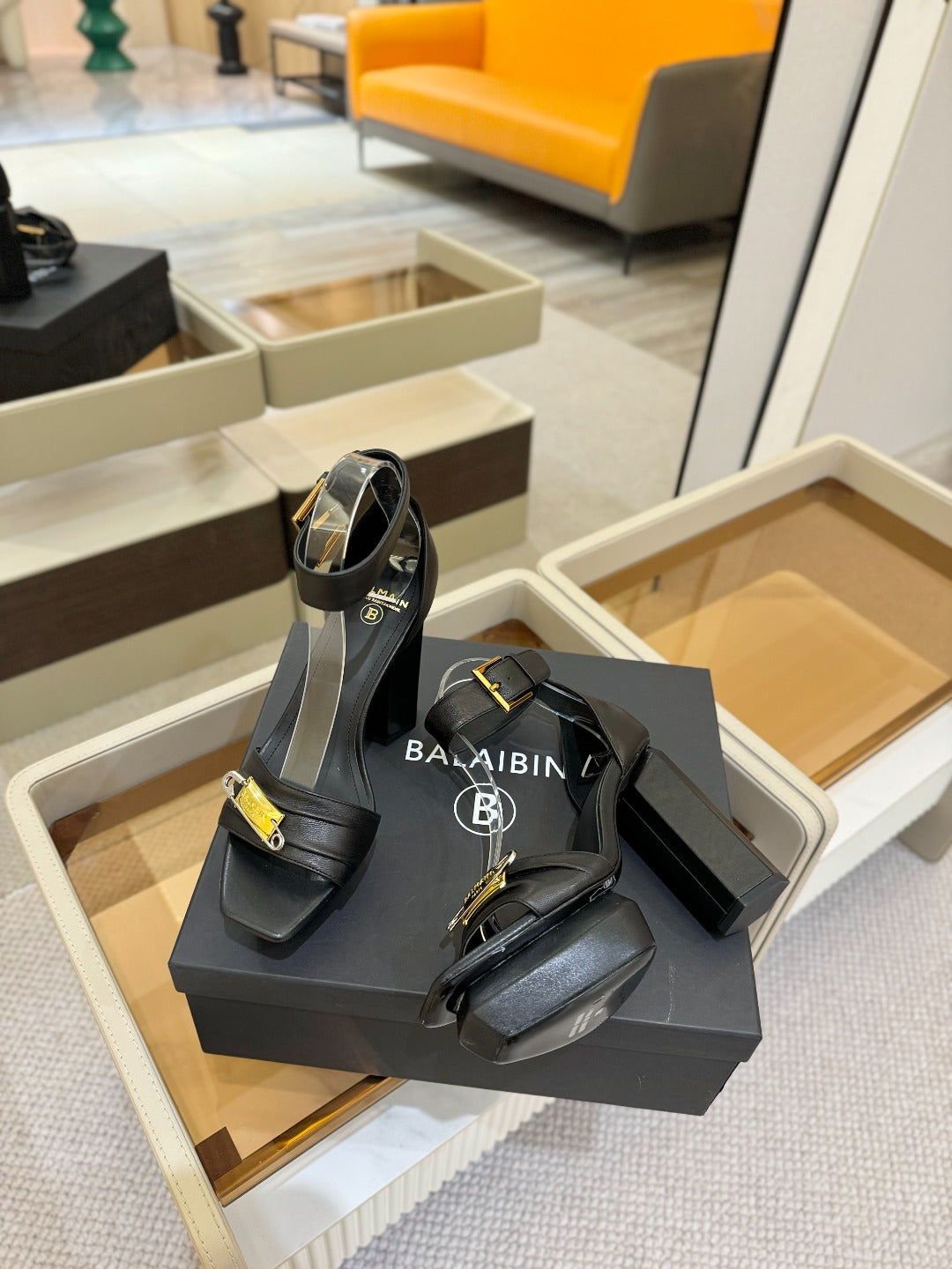 BALMAIN 25S WEDGE HEELS 100MM IN BLACK CALFSKIN - 36