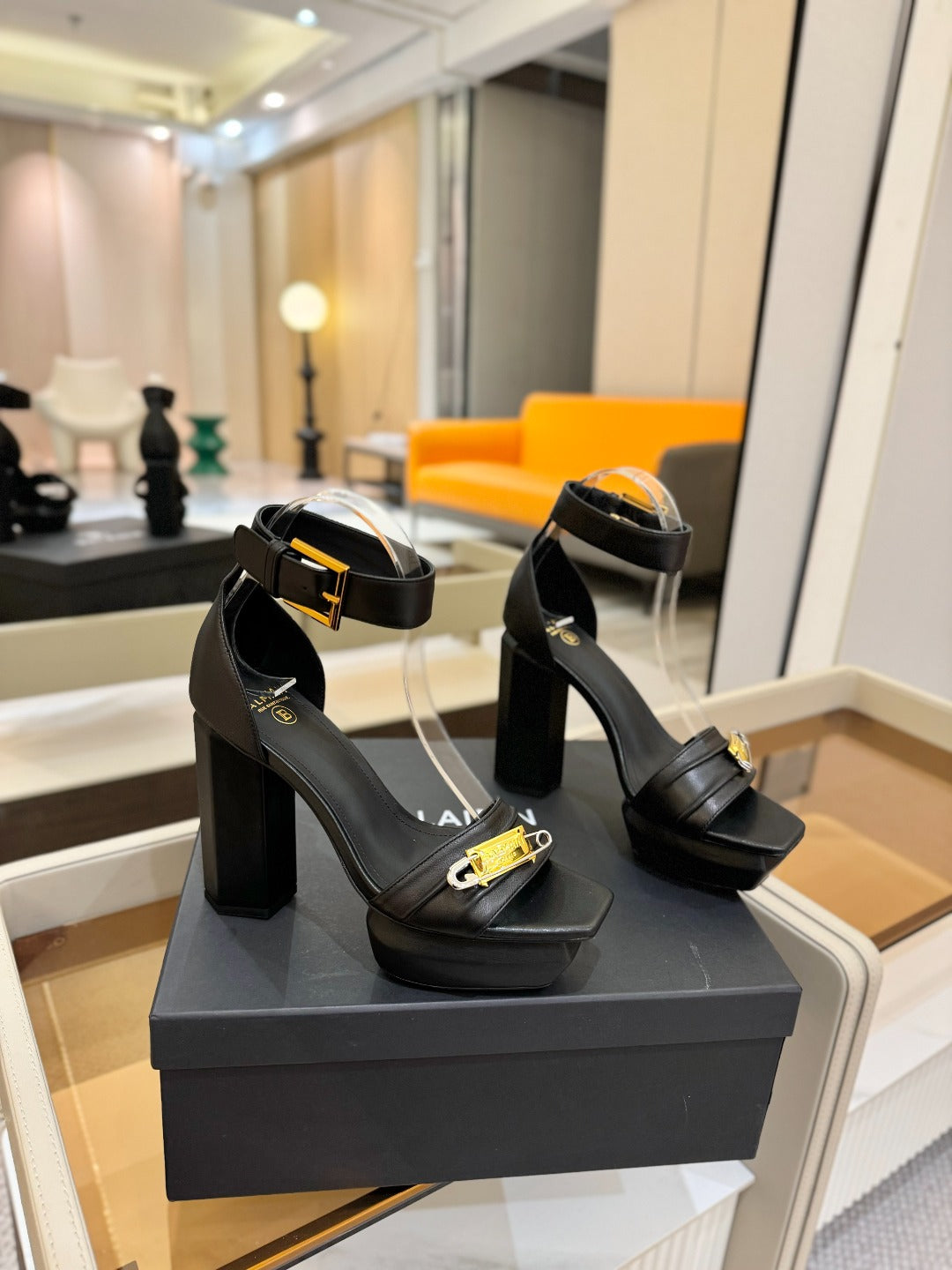 BALMAIN 25S WEDGE HEELS 100MM IN BLACK CALFSKIN - 36
