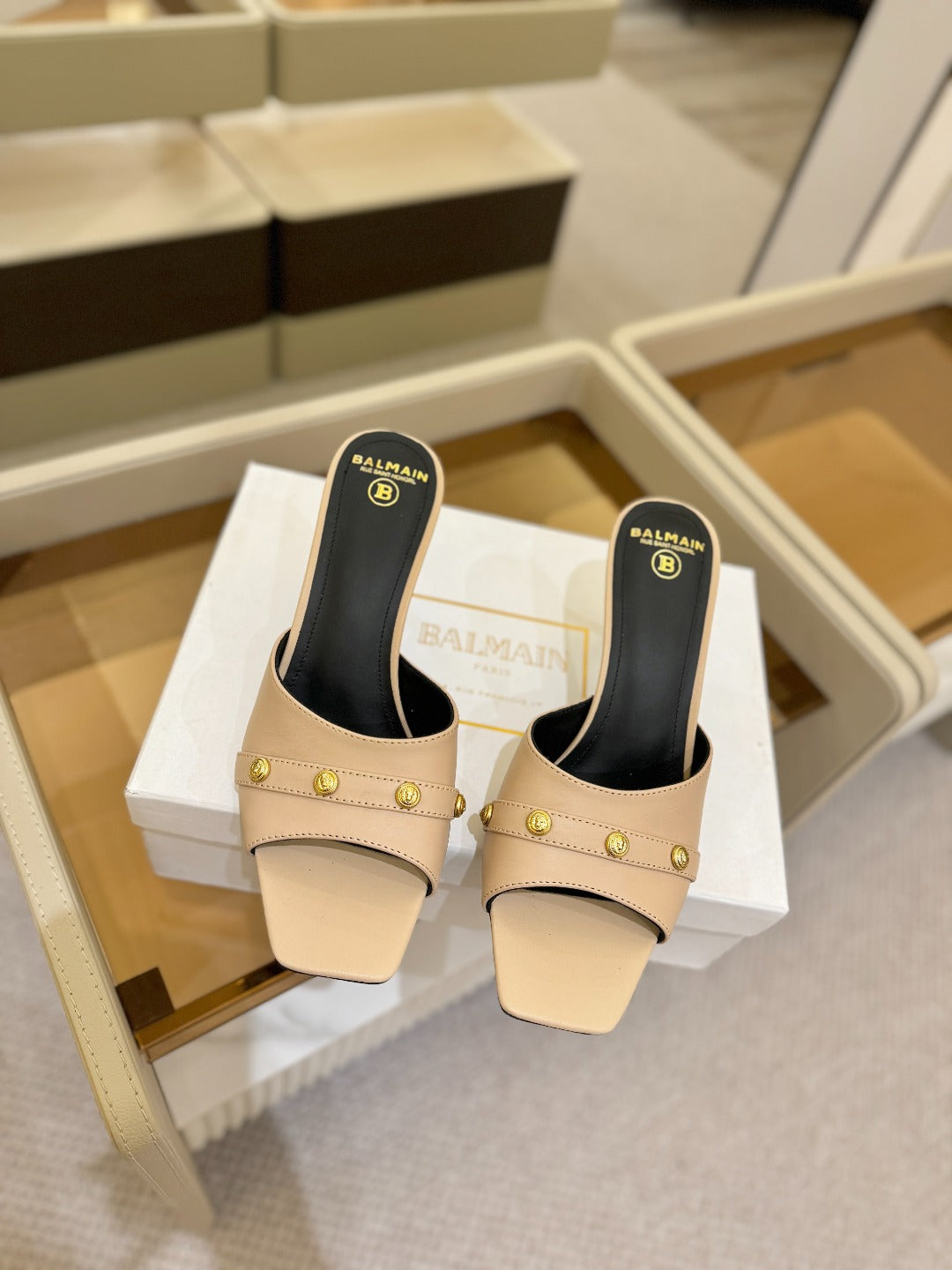 БОСОНІЖКИ BALMAIN 26S НА ПІДБОРАХ 70 ММ З БЕЖЕВОЇ ТЕЛЯЧОЇ ШКІРИ