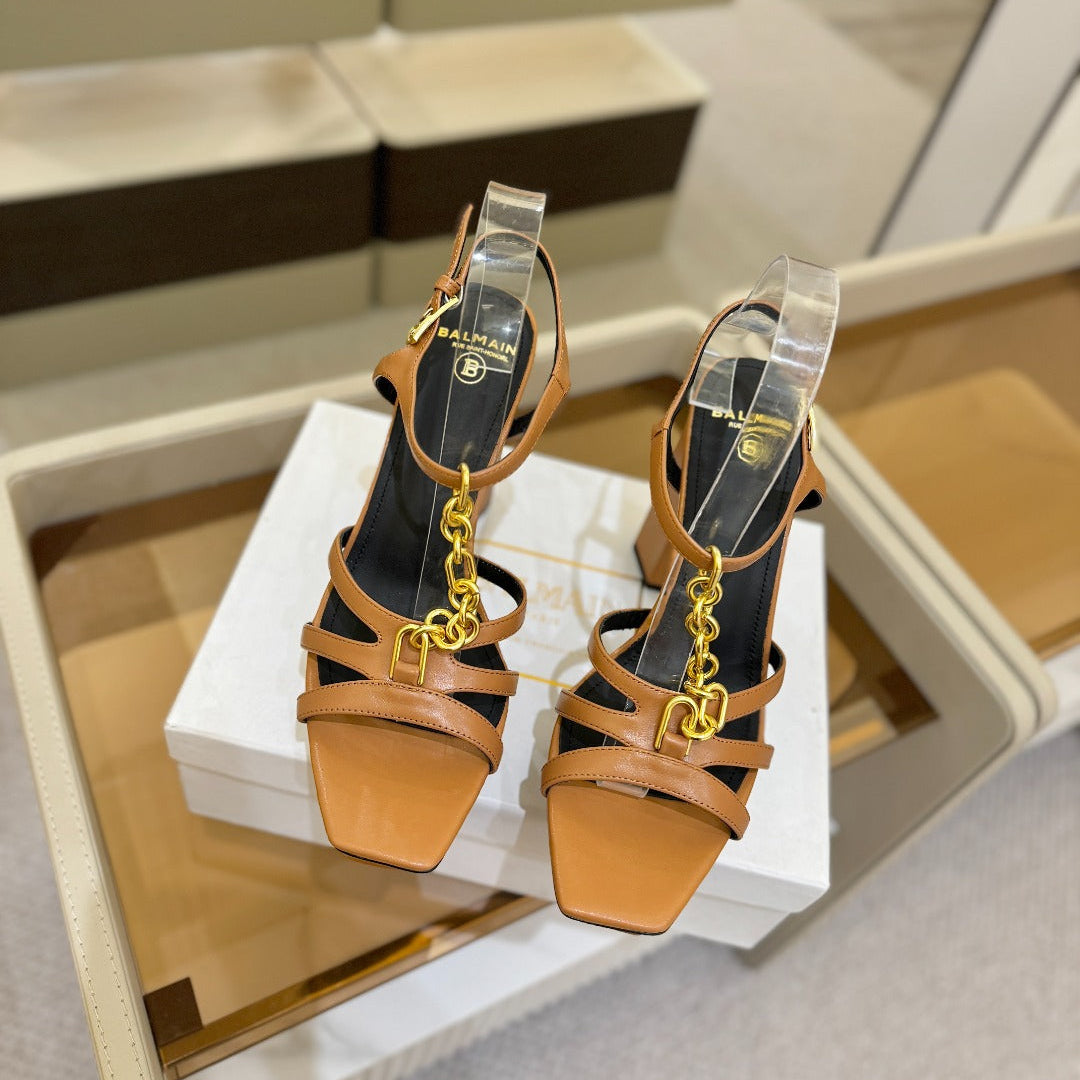 Босоніжки на підборах BALMAIN 26S 105 ММ З КОРИЧНЕВОЇ ОВЕЧОЇ ШКІРИ