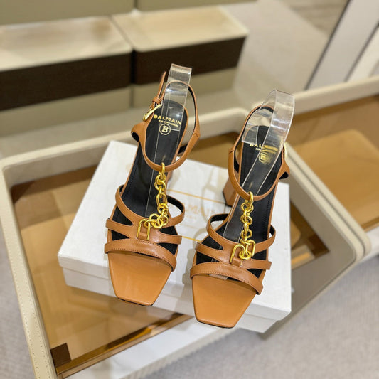 Босоніжки на підборах BALMAIN 26S 105 ММ З КОРИЧНЕВОЇ ОВЕЧОЇ ШКІРИ