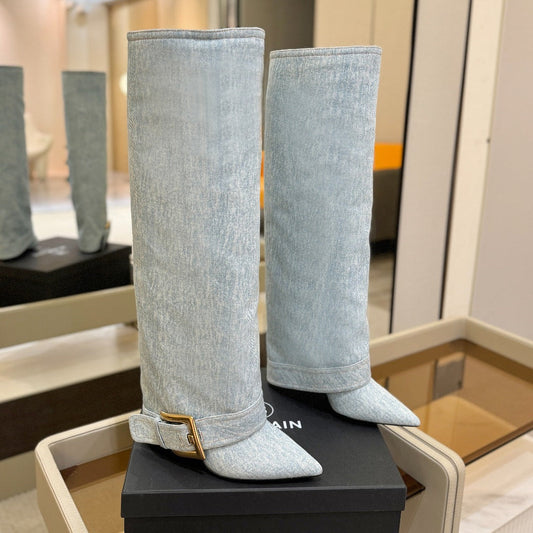 ЧОБОТИ BALMAIN 26S KNEE-HIGH ЗАВВИШКИ 100 ММ ІЗ СВІТЛО-БЛАКИТНОГО ДЕНІМУ
