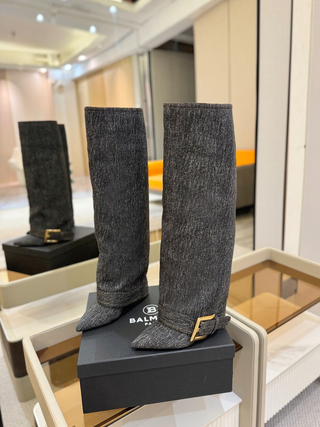 ЧОБОТИ BALMAIN 26S ВИСОКІ ДО КОЛІНА 100 ММ ІЗ ТЕМНО-СІРОЇ ТКАНИНИ