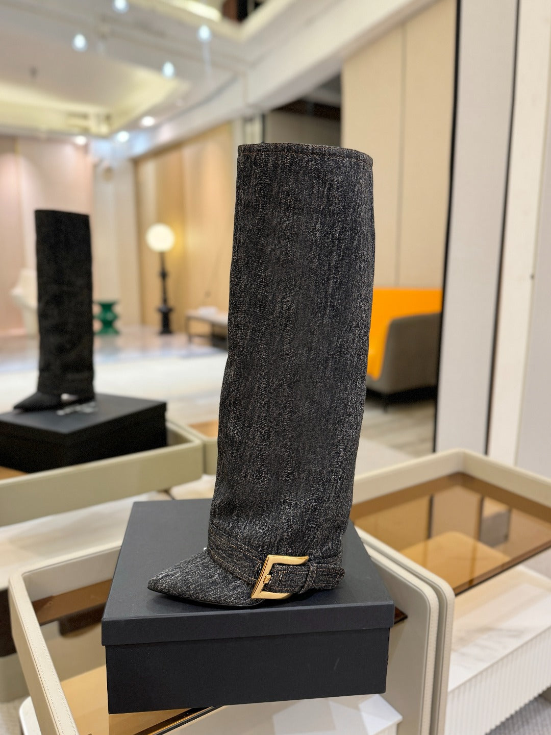 ЧОБОТИ BALMAIN 26S ВИСОКІ ДО КОЛІНА 100 ММ ІЗ ТЕМНО-СІРОЇ ТКАНИНИ