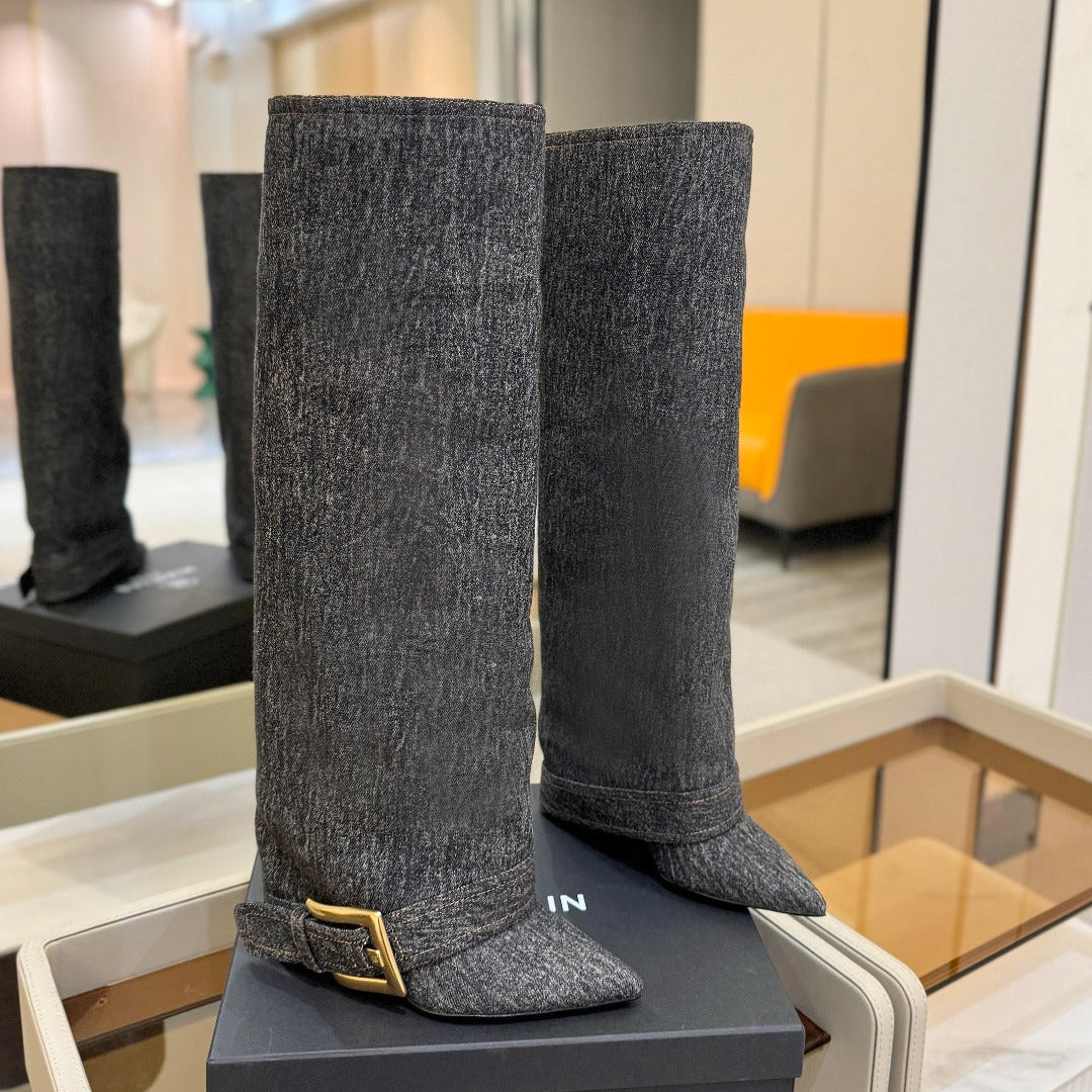 ЧОБОТИ BALMAIN 26S ВИСОКІ ДО КОЛІНА 100 ММ ІЗ ТЕМНО-СІРОЇ ТКАНИНИ