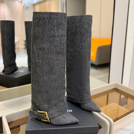 ЧОБОТИ BALMAIN 26S ВИСОКІ ДО КОЛІНА 100 ММ ІЗ ТЕМНО-СІРОЇ ТКАНИНИ