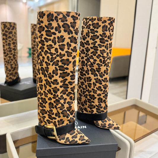 ЧОБОТИ BALMAIN 26S ВИСОКІ ДО КОЛІН 100 ММ ІЗ ВОРСУ ПОНІ З ЛЕОПАРДОВИМ ПРИНТОМ