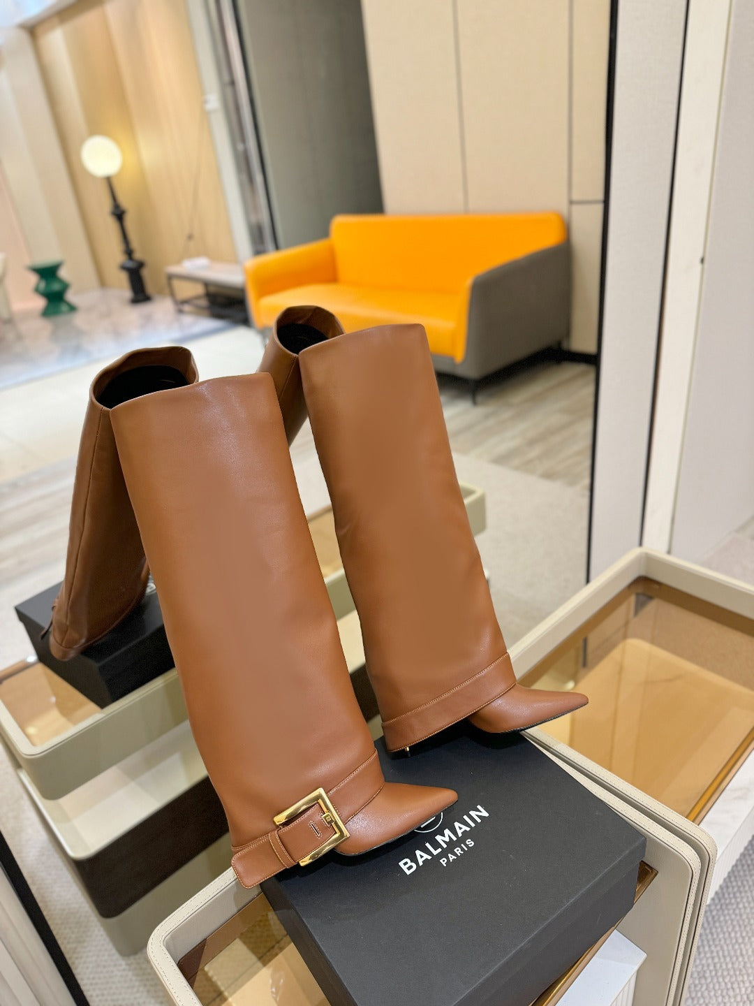 ЧОБОТИ BALMAIN 26S ВИСОКІ ДО КОЛІНА 100 ММ З КОРИЧНЕВОЇ ТЕЛЯЧОЇ ШКІРИ
