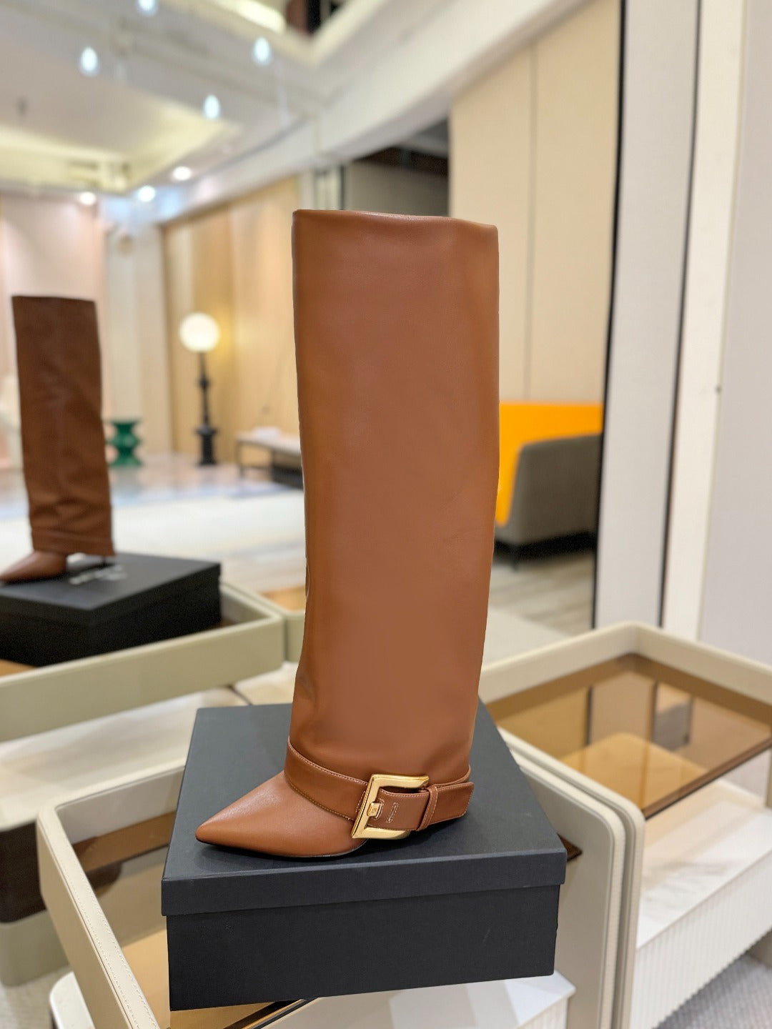 ЧОБОТИ BALMAIN 26S ВИСОКІ ДО КОЛІНА 100 ММ З КОРИЧНЕВОЇ ТЕЛЯЧОЇ ШКІРИ