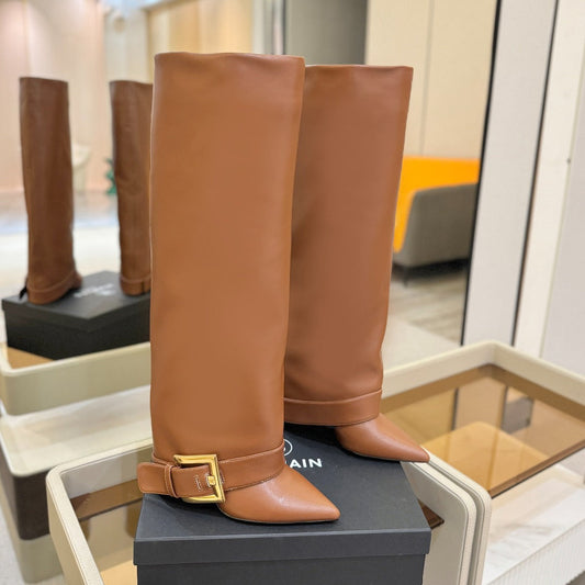 ЧОБОТИ BALMAIN 26S ВИСОКІ ДО КОЛІНА 100 ММ З КОРИЧНЕВОЇ ТЕЛЯЧОЇ ШКІРИ