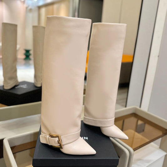 BALMAIN 26S ВИСОКІ ЧОБОТИ 100 ММ З ТЕЛЯЧОЇ ШКІРИ СВІТЛО-БЕЖЕВОГО КОЛЬОРУ
