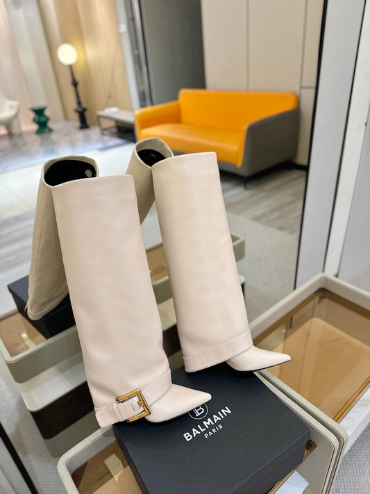 BALMAIN 26S ВИСОКІ ЧОБОТИ 100 ММ З ТЕЛЯЧОЇ ШКІРИ СВІТЛО-БЕЖЕВОГО КОЛЬОРУ