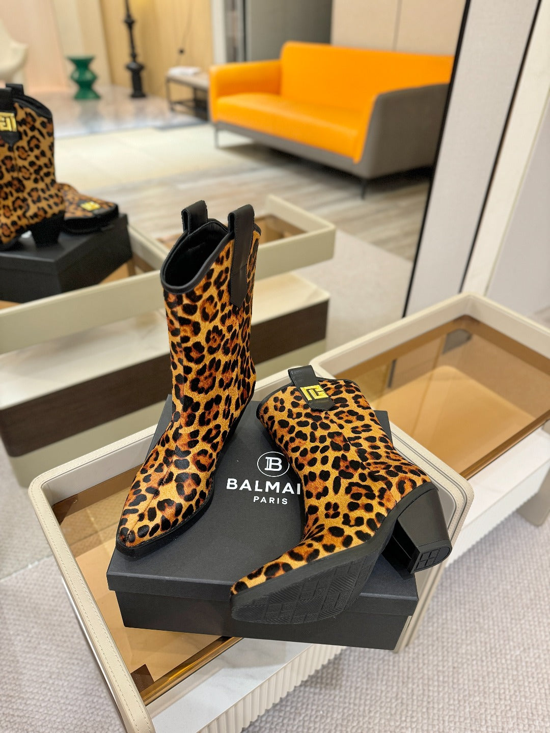 ЧЕРЕВИКИ BALMAIN 26S COWBOY ANKLE BOOTS 65 ММ ЗІ ШКІРИ ПОНІ З ЛЕОПАРДОВИМ ПРИНТОМ