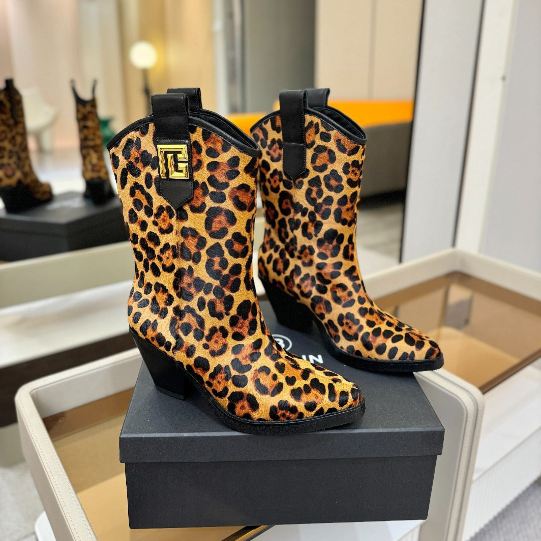 ЧЕРЕВИКИ BALMAIN 26S COWBOY ANKLE BOOTS 65 ММ ЗІ ШКІРИ ПОНІ З ЛЕОПАРДОВИМ ПРИНТОМ