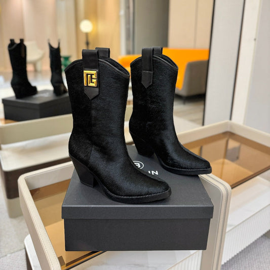 BALMAIN 26S ЧЕРЕВИКИ НА КІСТОЧКУ COWBOY 65 ММ З ЧОРНОГО ВОЛОССЯ ПОНІ