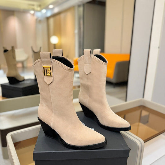 BALMAIN 26S ЧЕРЕВИКИ НА ЩИКОЛОТКУ COWBOY 65 ММ З БЕЖЕВОЇ ЗАМШІ