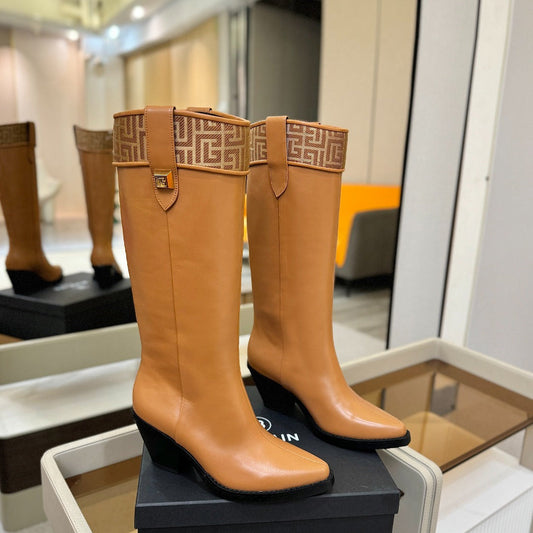 ВИСОКІ ЧОБОТИ BALMAIN 26S 65 ММ З КОРИЧНЕВОЇ ТЕЛЯЧОЇ ШКІРИ