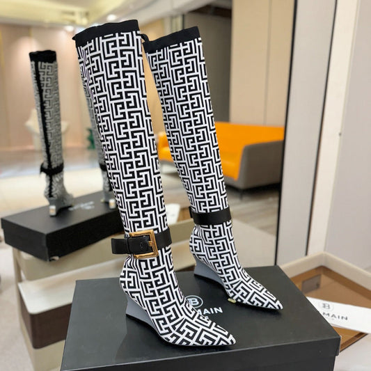 ЧОБОТИ BALMAIN 26S ВИСОКІ 75 ММ ЧОРНО-БІЛІ З МАТЕРІАЛУ FLYKNIT