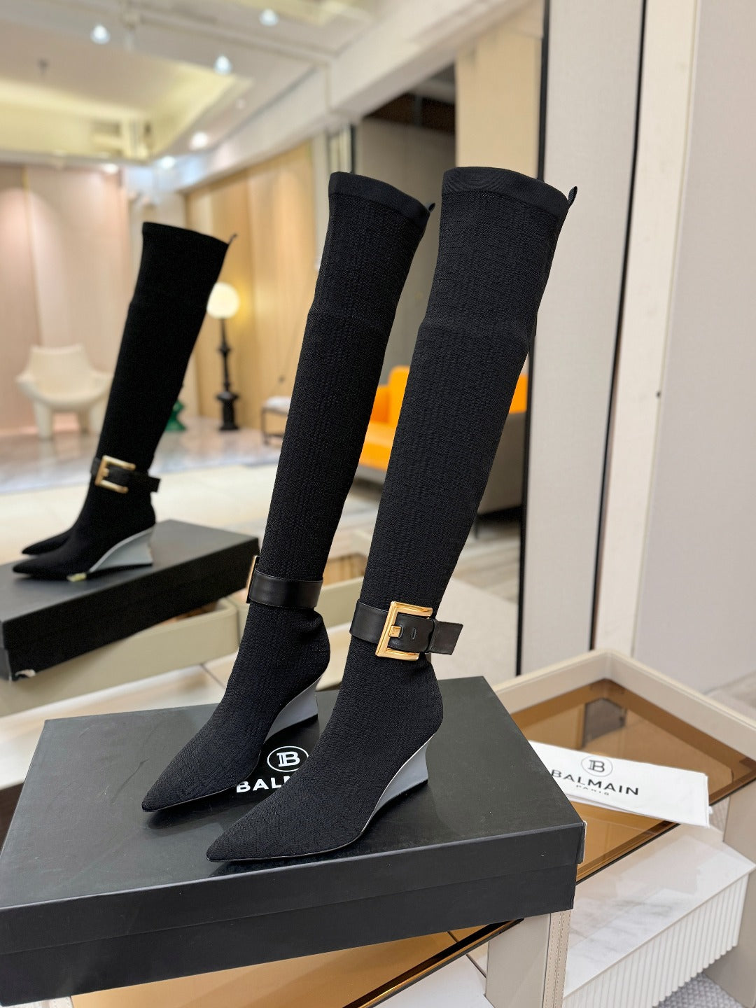 ЧЕРНІ ВИСОКІ ЧЕРЕВИКИ BALMAIN 26S З МАТЕРІАЛУ FLYKNIT НА ПІДБОРАХ 75 ММ