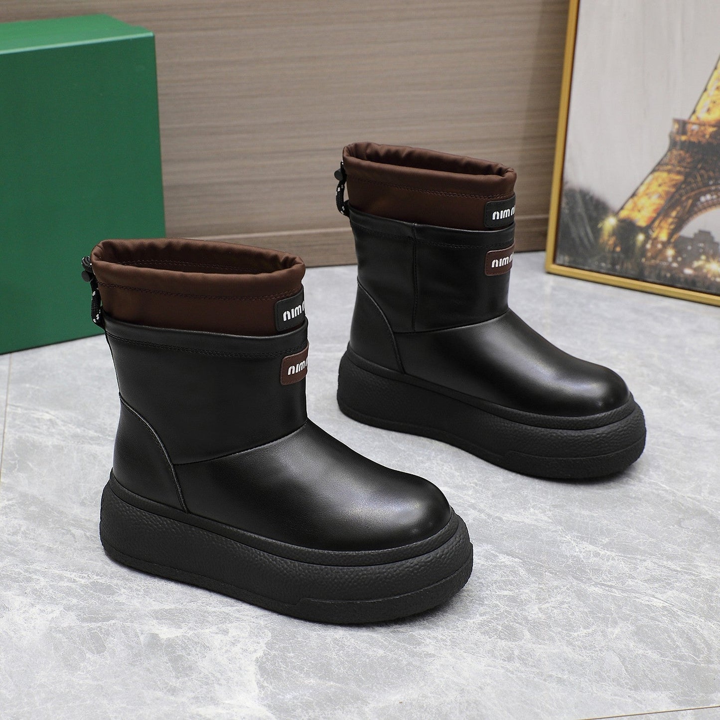 THICK-SOLED SNOW BOOTS IN BLACK CALFSKIN MIX CHOCOLATE NYLON - 35