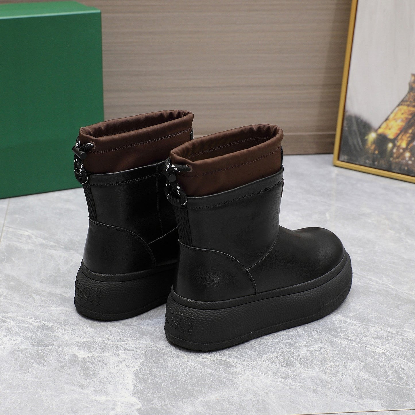 THICK-SOLED SNOW BOOTS IN BLACK CALFSKIN MIX CHOCOLATE NYLON - 35