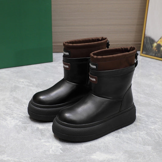 THICK-SOLED SNOW BOOTS IN BLACK CALFSKIN MIX CHOCOLATE NYLON - 35