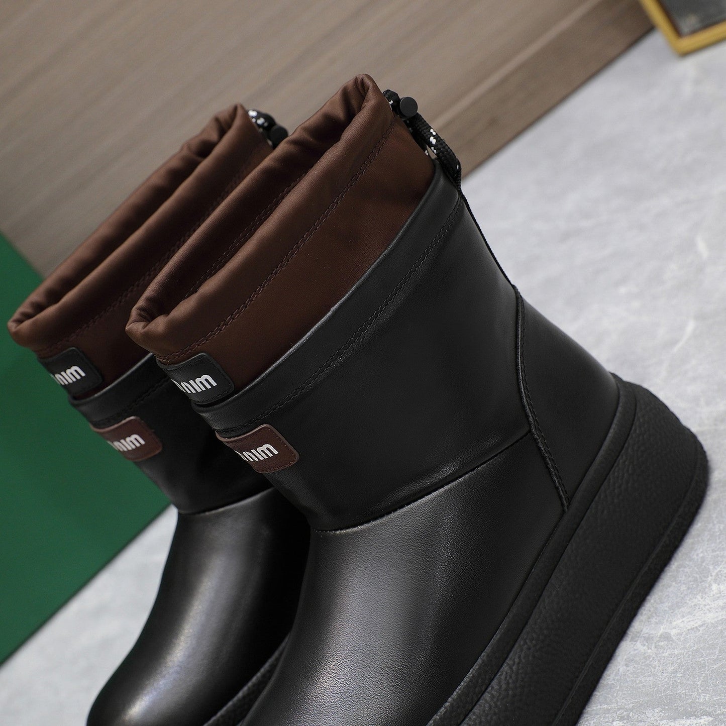 THICK-SOLED SNOW BOOTS IN BLACK CALFSKIN MIX CHOCOLATE NYLON - 35