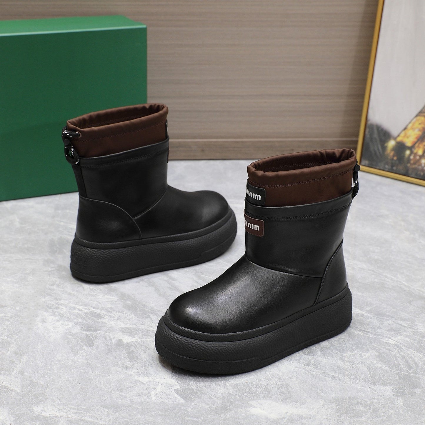 THICK-SOLED SNOW BOOTS IN BLACK CALFSKIN MIX CHOCOLATE NYLON - 35