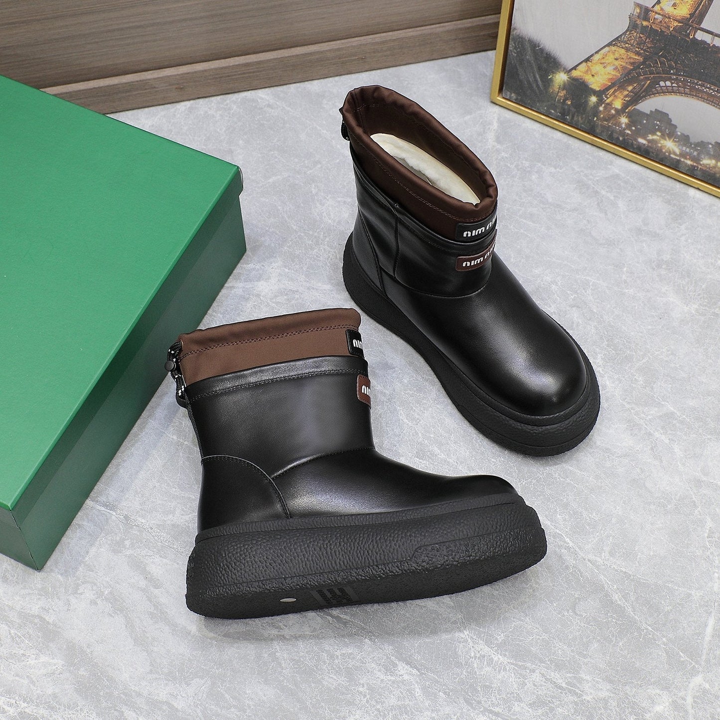 THICK-SOLED SNOW BOOTS IN BLACK CALFSKIN MIX CHOCOLATE NYLON - 35