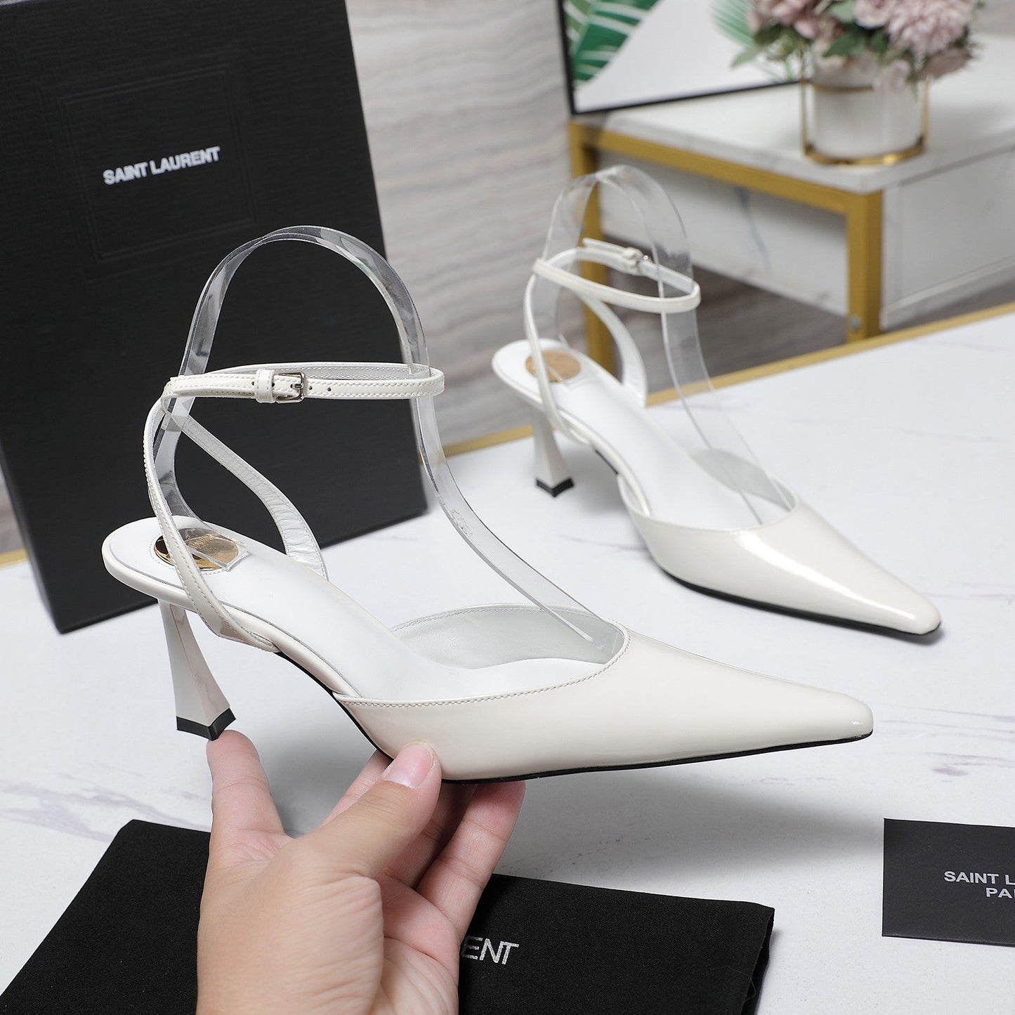 AIMÉE SLINGBACK PUMPS IN WHITE GLOSSY LAMBSKIN - 35