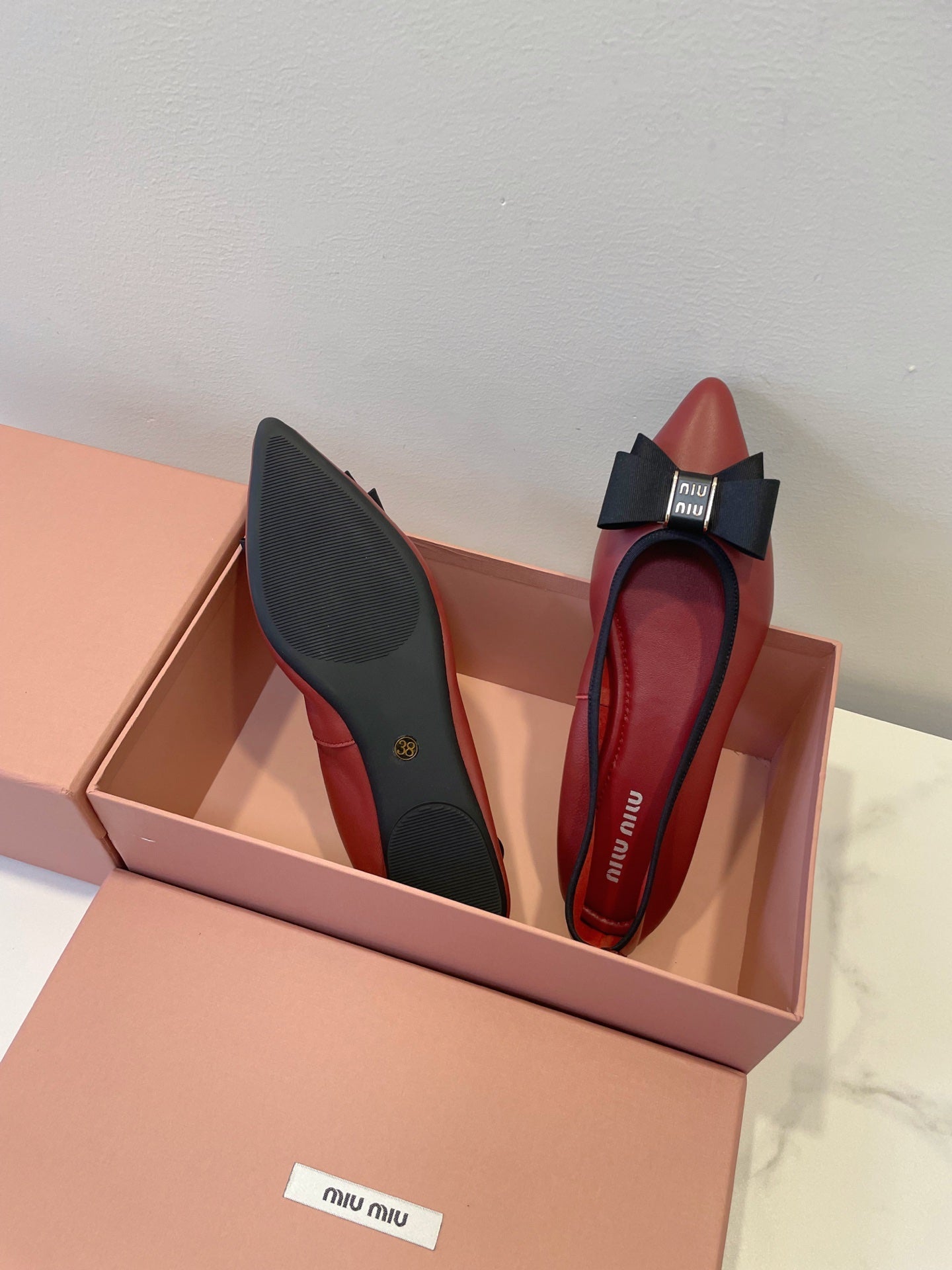 БАЛЕТКИ MIUMIU 26S З ТЕМНО-ЧЕРВОНОЇ ТЕЛЯЧОЇ ШКІРИ З БАНТОМ